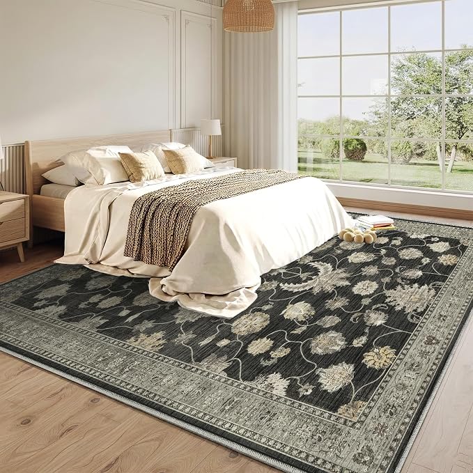 6x9 Area Rug for Living Room-Vintage Farmhouse Boho Floral Washable Stain Resistant Indoor Carpet for Bedroom Office and Home Decor(Black&Gold)