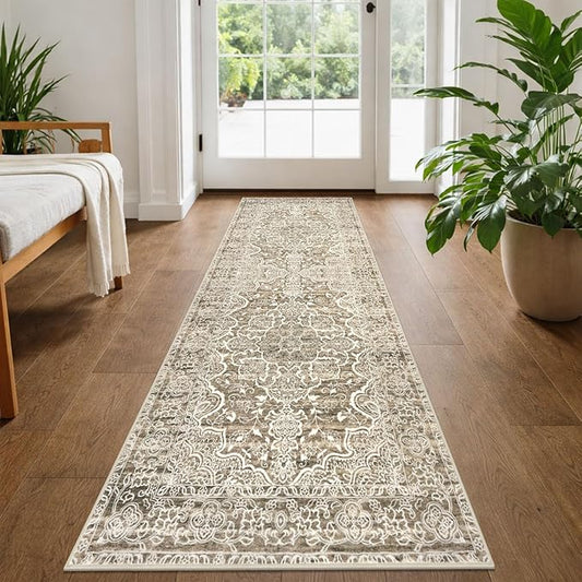 KUTA Vintage Washable Runner Rug, 2x5 Runners Non-Slip Beige Brown 5ft Hallway Kitchen Rugs Ultra Soft Printed Distressed Tribal Farmhouse Carpet for Bedroom Entryway Decor