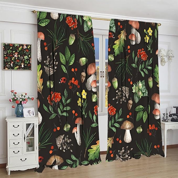 Farm Watercolor Mushroom Curtains, Rustic Forest Wild Mushroom Red Berris Plants Flowers Leaves Blackout Window Drapes for Kitchen Bedroom Livingroom, 52" W X 84" L