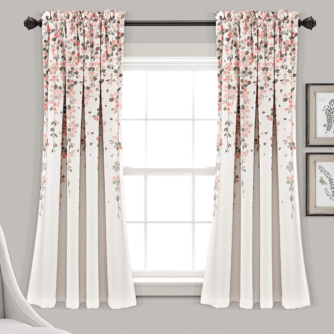 Lush Decor Weeping Flower Light Filtering Window Curtain Panels, Pair, 52"W x 63"L + 2" Header, Blush & Gray - Charming Modern Floral Curtains for Living Room, Dining Room, & Bedroom