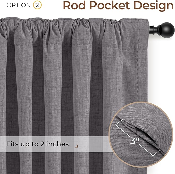 INOVADAY 100% Blackout Curtains 96 Inches Length 2 Panels Set, Back Tab/Rod Pocket Linen Black Out Curtains for Bedroom, Thermal Insulated Window Drapes - Dark Grey, W50 X L96