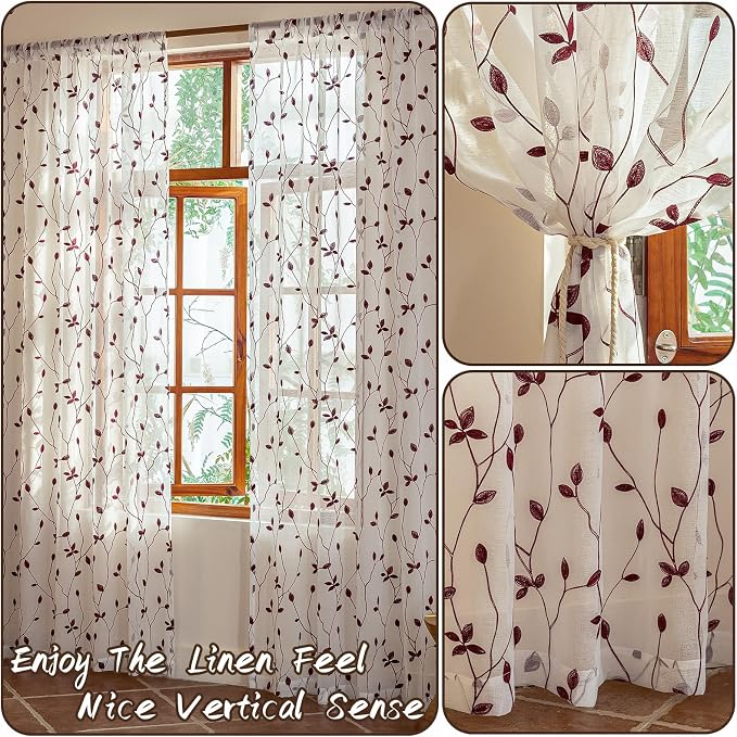 AmHoo 2 Panels Embroidered Leaf Pattern Semi Sheer Curtains Foliage Floral Voile Window Draperies Treatment for Bedroom Living Room Rod Pocket White Burgundy 53 x 63 Inch