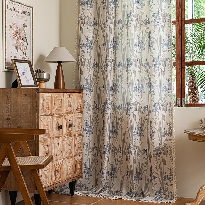 OYX Floral 96 Inch Curtains for Bedroom 2 Panel Set – Semi Sheer Rod Pocket Vintage Boho Farmhouse Drapes, Floor Length Printed Window Panels for Living Room