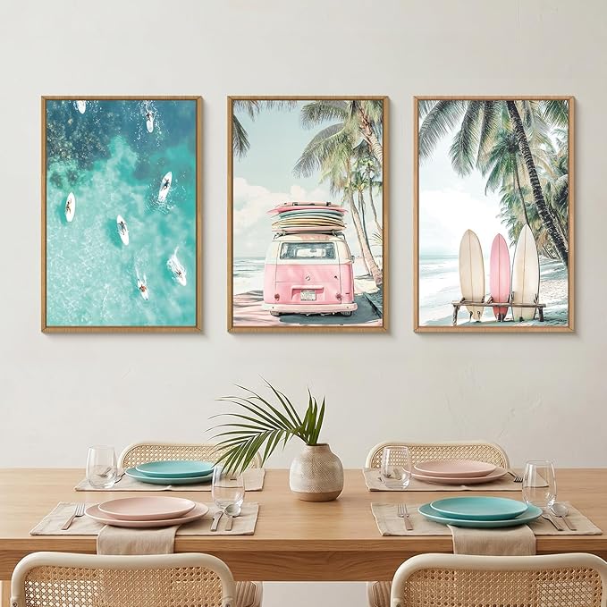 HOURIA Summer Surfboard Beach Framed Canvas Wall Art Set,Modern Ocean Surfing Seascape Wall Decor,Coastal Bus Coconut Tree Wall Painting,Nature Botanical Art Prints for Living Room, Bedroom-24 x36 x3