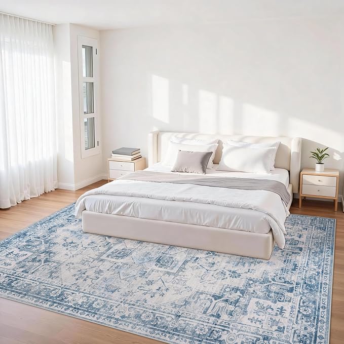 5x7 Area Rugs for Living Room:Blue Washable Vintage Medallion Boho Rug Non-Slip No Slip Stain Resistant Soft Low Pile Large Rugs Indoor Retro Carpet for Bedroom Nursery Dining Office (Blue Grey 5'x7')