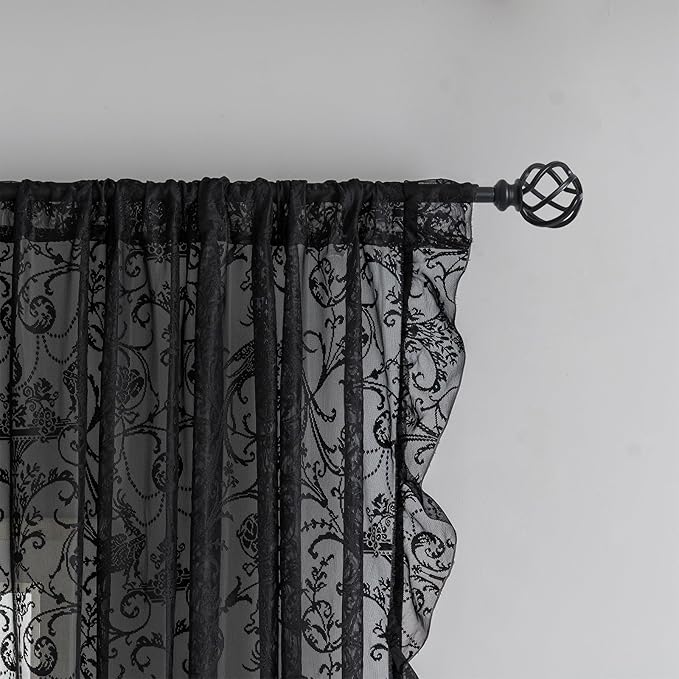 TUDECO Black Curtains 96 Inches Long - Luxury Floral Ruffled Lace Black Floral Curtains Embroidered Light Filtering Goth Victorian Decor Rod Pocket Window Treatment 2 Panles, 59 x 96 Inch