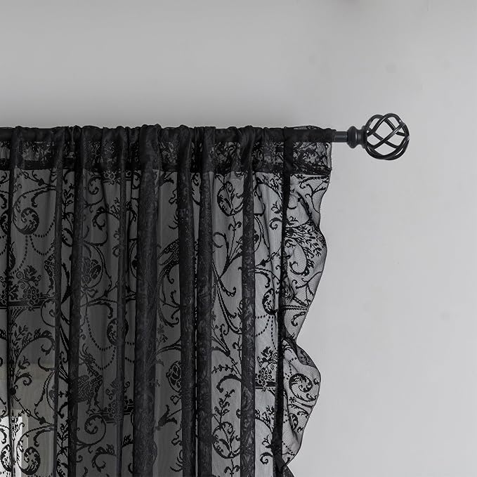 TUDECO Lace Black Bedroom Curtains 80 Inches Long - Spooky Sheer Dark Floral Curtains for Home Office, Whimsigoth 70s Rod Pocket Black Ruffle Gothic Party Decor, 59W x 80L Inch, 2 Panels