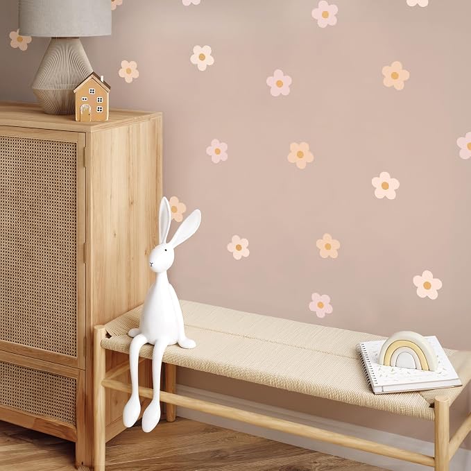 Teddylabels - Daisy Blush Pink Boho Flowers Decals - Easy-to-Apply & Removable Wall Stickers: Transform Your Toddlers Bedroom with Durable, Vibrant Peel-and-Stick Wall Decor – Stickers for Kids