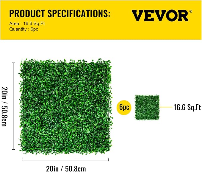 VEVOR Artificial Boxwood Panel 6pcs, 20 x 20 in 1.6 in Sun Protected Boxwood Hedge Wall Panels, Artificial Grass Backdrop Green Fake Wall for Privacy Fence Decor Indoor Outdoor Garden Backyard