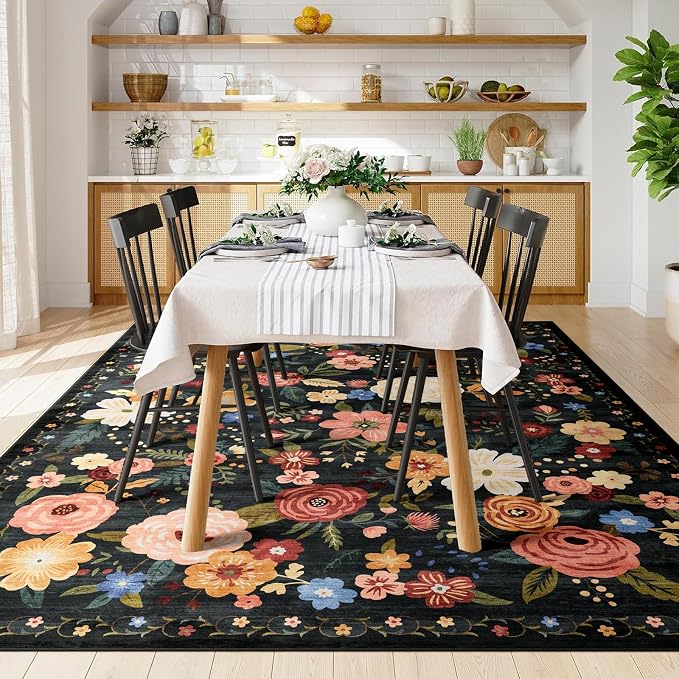 8x10 Washable Area Rug for Living Room, Floral Non-Slip Non-Shedding & Easy Care Black Green Large Soft Low Pile Indoor Floor Carpet for Living Room Bedroom Farmhouse Dining Room Kids Playroom