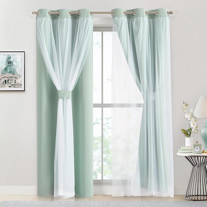 Bujasso Aqua 80% Blackout Curtains with Sheer Overlay Mix and Match Double Layer Thermal Insulated Window Panels 95 inch for Living Room Bedroom Mint Green Drapes with Tiebacks Grommet Top 37"Wx95"Lx2