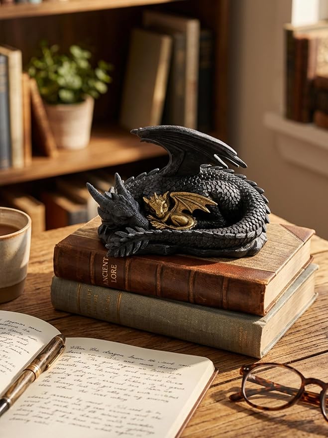 Stylor Black Dragon Statue Decor - Black & Golden Dragon Duo Figurine Bookshelf Decor, Hand-Painted Fantasy Gift for Bookish Book Lovers, Resin Mythical Sculpture Aesthetic Room Decoration