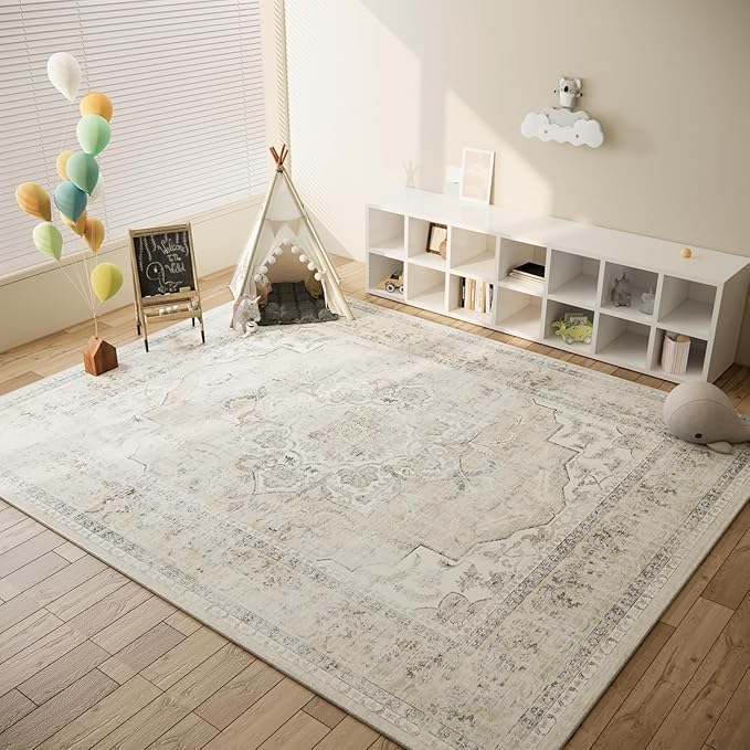 10x14 Area Rugs for Living Room: Large Washable Rug Lightweight Non Slip Low Pile Soft Faux Wool Non Shedding Distressed Vintage Floral Carpet for Bedroom Dining Room Kids Playroom Nursery Farmhouse