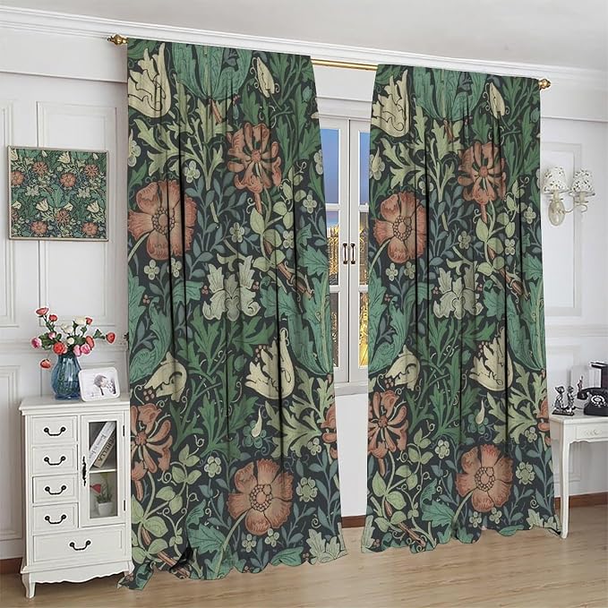 William Morris Flower Blackout Window Curtains, Bohemia Floral Vintage Window Drapes, for Living Room Bedroom 36(W)*63(L) 2 Panels