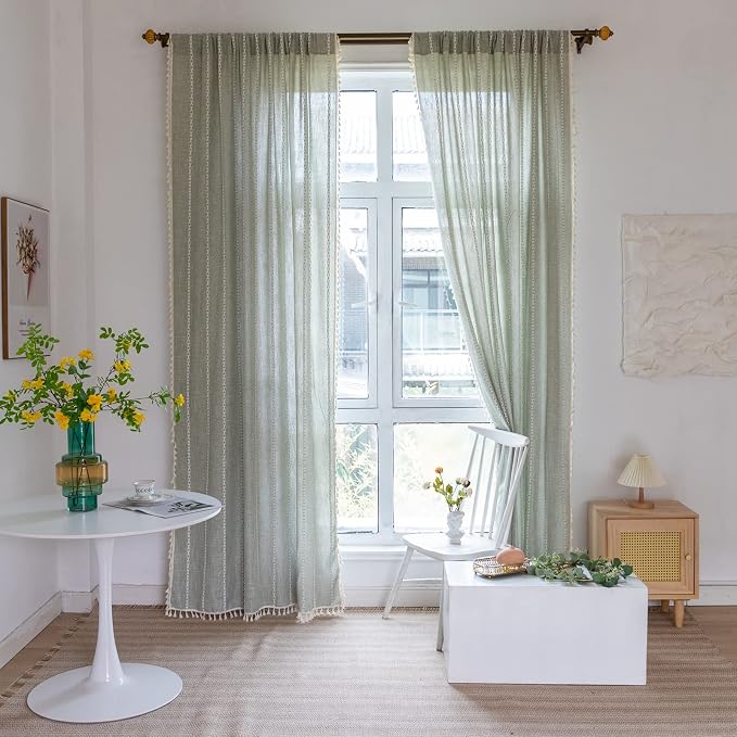 RoomTalks Green Modern Farmhouse Textured Curtains for Bedroom Living Room 72’’L x 52’’W Light Filtering French Country Boho Chic Tassel Window Curtain Panels Striped Bohemian Draperies