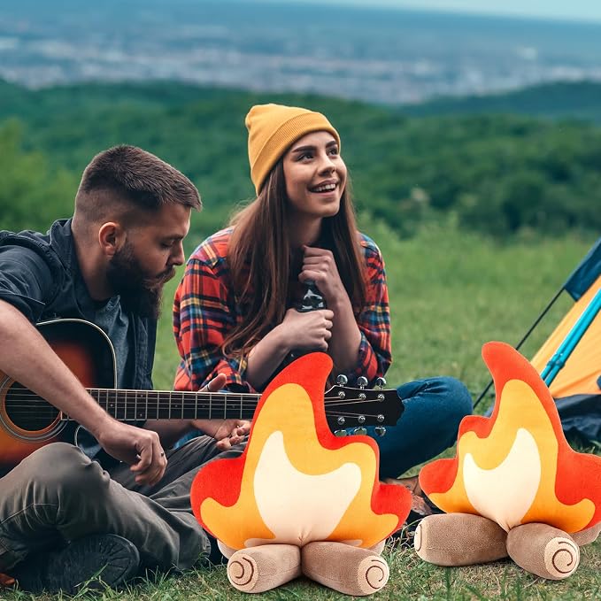 4 Pack Campfire Plush Toys Fake Fire Firewood Plush Pillow for Camping S'More Birthday Party Scene Setting Room Decoration and Woodland Forest Nursery Classroom Decor