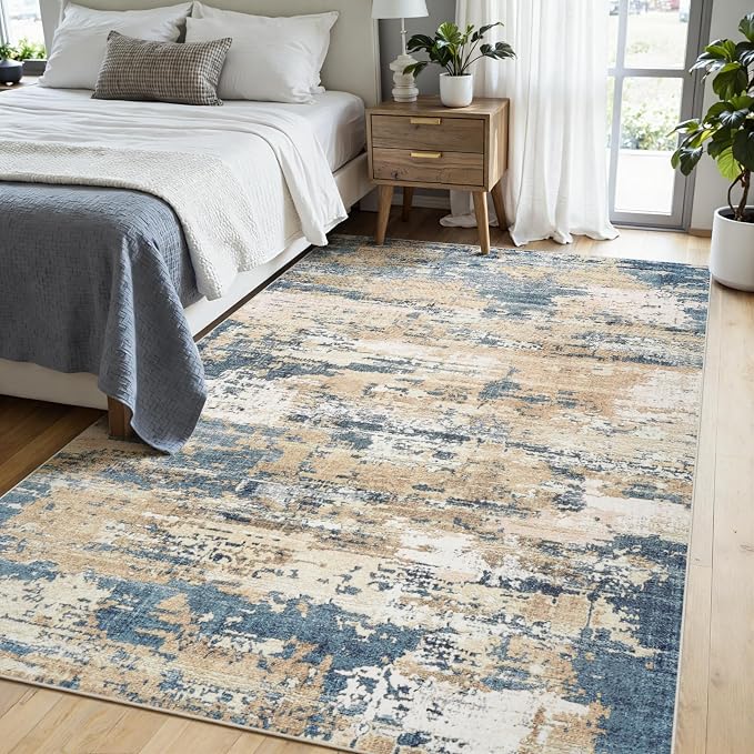 Area Rugs 6x9 Living Room: Large Soft Washable Rug Modern Abstract Anti-Skid Non-Shedding Carpet Indoor Floor Thin Carpets for Bedroom Dining Room Farmhouse Nursery Home Office Brown Blue