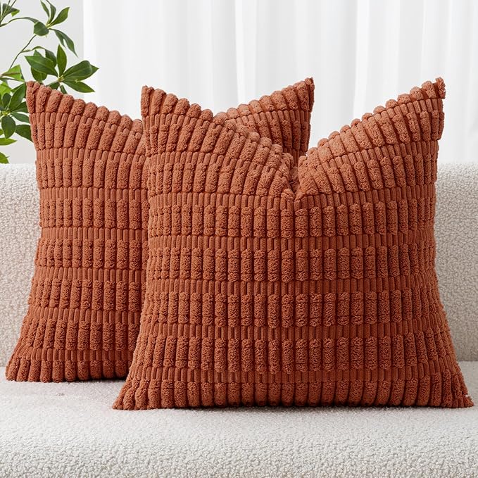 MIULEE Fall Pack of 2 Rust Corduroy Decorative Pillow Covers 20x20 Inch Soft Boho Striped Throw Pillow Covers Modern Farmhouse Home Decor for Sofa Living Room Couch Bed