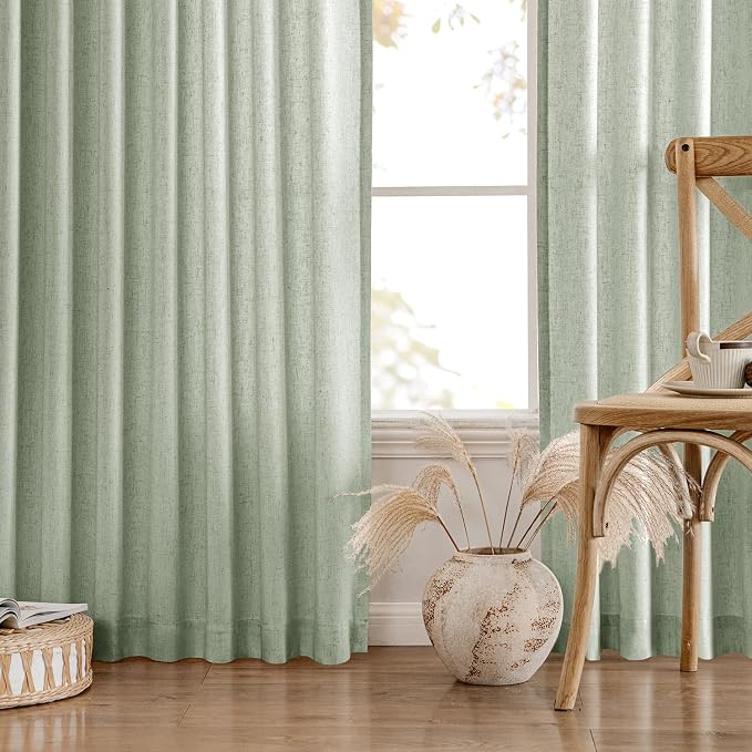 MIULEE Non-See-Through Privacy Linen Curtains 2 Panels, Sage Green Light Filtering Window Curtains 90 Inches Long, Farmhouse Textured Back Tab Semi Sheer Drapes for Bedroom Living Room, Light Green