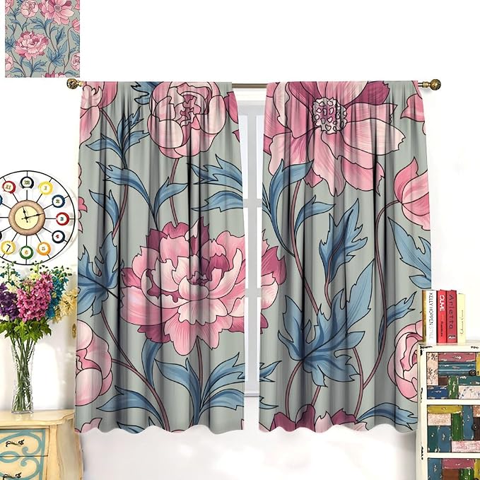 Floral Blackout Window Curtain, Flourish Ornamental Blossom Rose Style Print for Home Kitchen Restaurant Decoration Drapes 2 Panels 72x63in