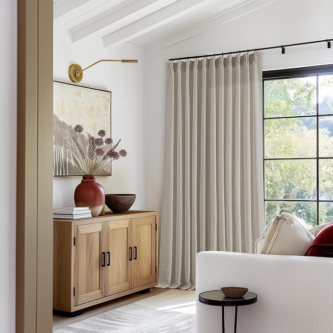 Linen Sheer Pleated Curtains 120 Inches Long 70 Inch Wide Patio Sliding Door Curtains Light Filtering Semi Sheer Pinch Pleat Drapes Burlywood Taupe Extra Wide 70x120 Drapes for Living Dining Room