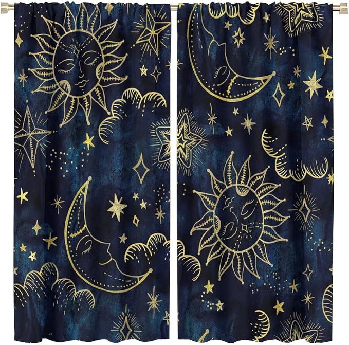 Boho Sun Moon Blackout Window Curtains, Bohemia Theme Sun Moon Stars Print Pattern Rod Pocket Window Drapes, for Living Room Bedroom 42x63in 2 Panels