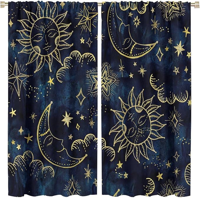 Boho Sun Moon Blackout Window Curtains, Bohemia Theme Sun Moon Stars Print Pattern Rod Pocket Window Drapes, for Living Room Bedroom 42x45in 2 Panels