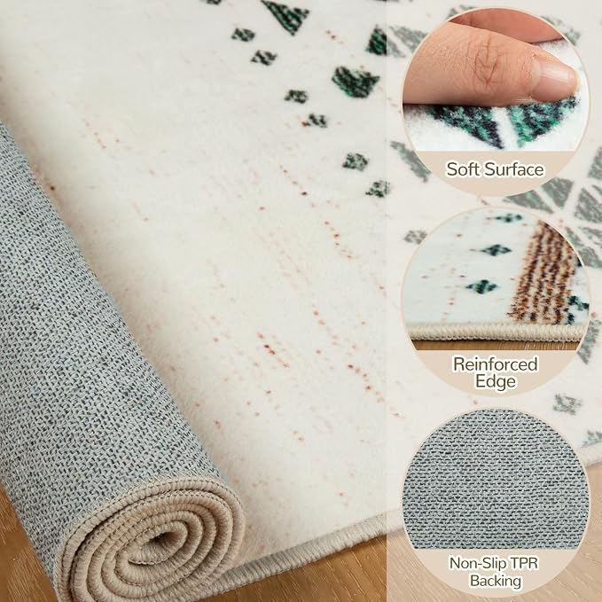 BESTSWEETIE 4x6 Area Rugs for Living Room Washable Moroccan Farmhouse Neutral Geometric Low Pile Non-Slip Soft Print Pattern Rug for Bedroom Kitchen Dining Room Entryway Green/Brown