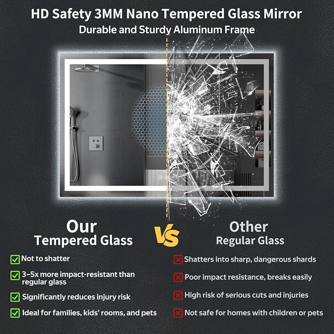 60"x40" LED Bathroom Mirror with Lights, Backlit + Front Lit with CRI>90, Lighted Mirror for Bathroom, Anti-Fog, Dimmable Brightness, 3 Colors, Memory Function, Shatterproof Tempered Glass