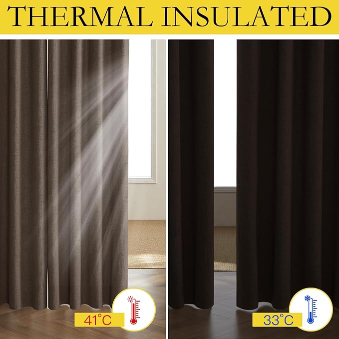 NICETOWN Coffee Vintage Linen 100% Blackout Curtains for Living Room, Thermal Insulated Curtains 84“ Long, Noise Reducing Window Treatment Drapes for Hall Room, 52" Wide Per Panel, Set of 2