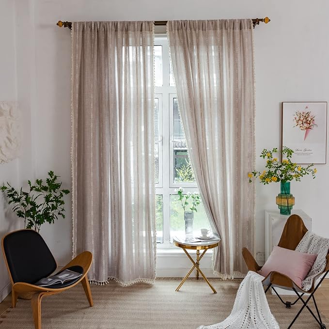 Linen Curtains 84 Inches Long - Embroidery Striped Farmhouse for Living Room, Tassel Boho for Bedroom, Light Filtering 2 Panels Set Rod Pocket Drapes (52" W x 84" L, Khaki)