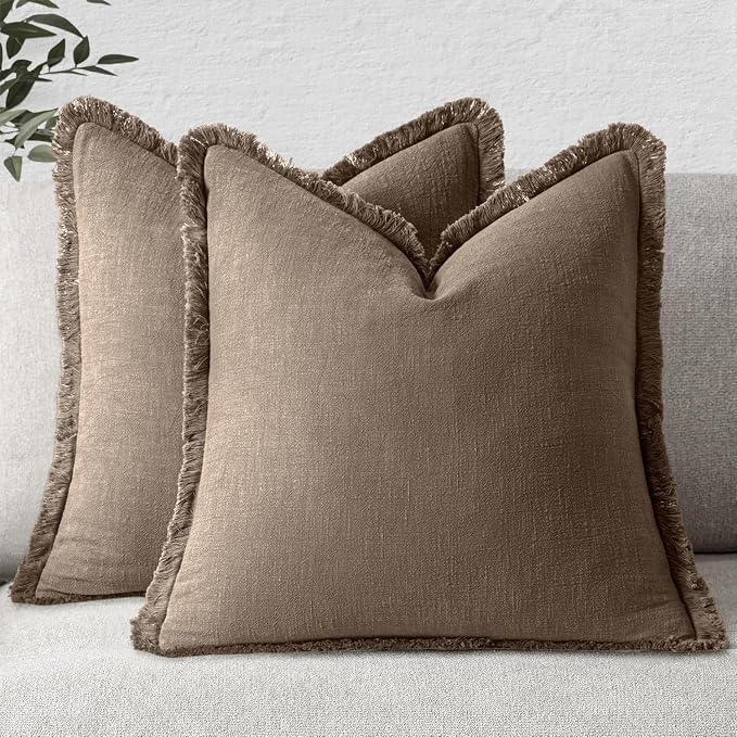 MIULEE Decorative Throw Pillow Covers Neutral Linen Fringe Throw Pillows Set of 2 Cocoa Brown Boho Farmhouse Cushion Covers for Couch Sofa Bed Living Room Fall Home Decor 16x16 Inch