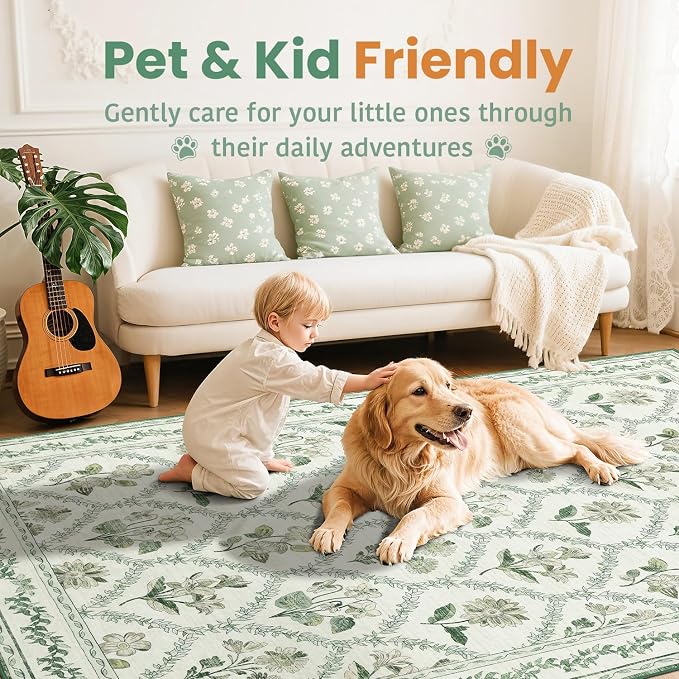 LIANLAM Checkered Rug 9x12 Area Rugs for Living Room - Stain Resistant & Non-Slip Backing Vintage Boho Floral Design Rug for Bedroom,Durable & Ultra-Thin Large Washable Area Rug(9x12,Green)