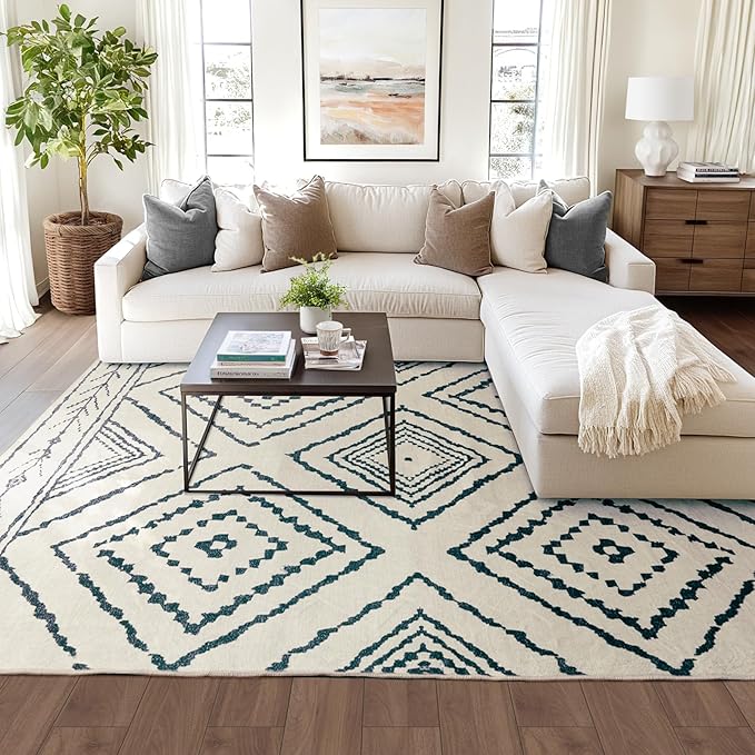 BESTSWEETIE Area Rug 9x12 Rug Machine Washable Non-Slip Low Pile Print Pattern Western Rug for Living Room Bedroom Entryway Tribal Series -Navywhite/Black