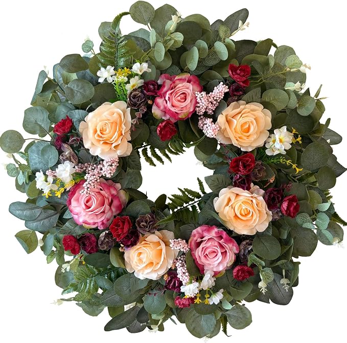 WANNA-CUL 24 Inch Pink Champagne Rose Spring Wreath for Front Door | Burgundy Rose and Eucalyptus Leaves, Ideal for Summer ,Fall ,Mother's Day, Valentine's Day, Indoor Outdoor Decor