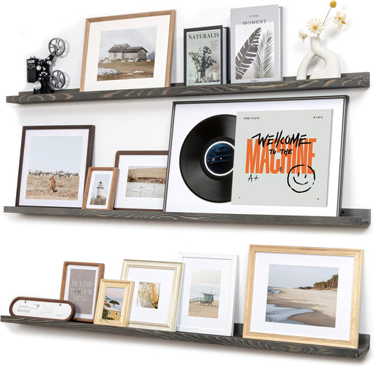 Picture Ledge Wall Shelves 48 Inches Width Set of 3, Solid Pine Wood Rustic Floating Ledge for Kids' Room Bedroom Kitchen Bathroom, Long Floating Shelves for Wall Decor, Grey