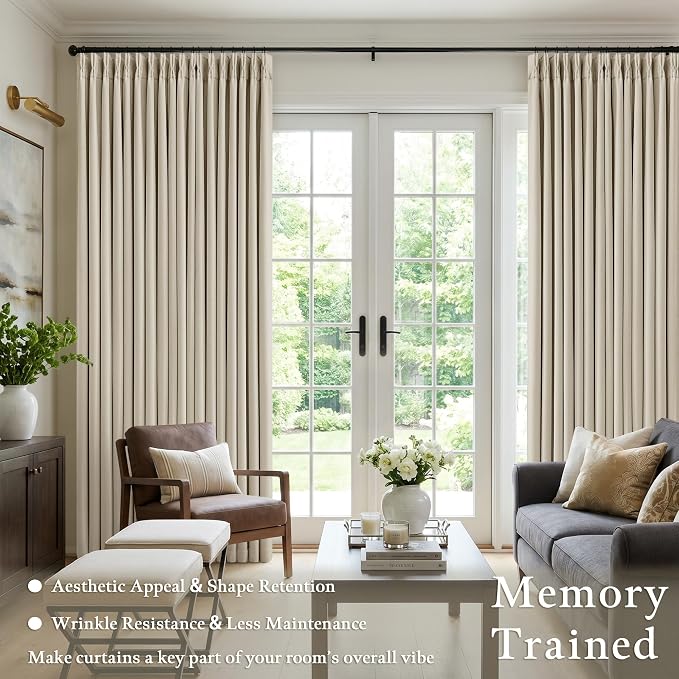 92 Inch Pinch Pleated Linen Blackout Curtains for Living Room Oatmeal 100% Black Out Extra Wide Curtains Pinch Pleat Dual Layer Drapes Birch Ivory Drapes for Dining Bedroom Office 60x92 1 Panel