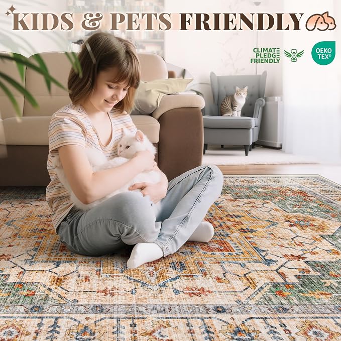 Area Rug 6x9 Vintage Rug: Washable Indoor Medallion Rugs Low Pile Distressed Floor Carpet Retro Accent Rug for Living Room Bedroom Kitchen Dining Table Home Office(Green/Yellow, 6'x9')