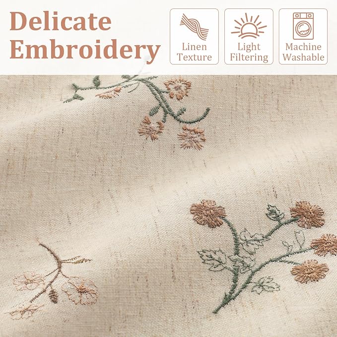 Floral Embroidered Linen Blend Curtains for Bedroom, 96 Inch Light Filtering Spring Farmhouse Vintage Drapes Beige Flower Window Treatments for Living Room Rod Pocket, Set of 2 Panels