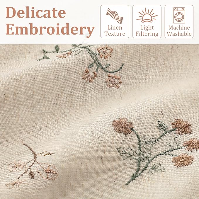 Floral Embroidered Linen Blend Curtains for Bedroom, 63 Inch Light Filtering Spring Farmhouse Vintage Drapes Beige Flower Window Treatments for Living Room Rod Pocket, Set of 2 Panels