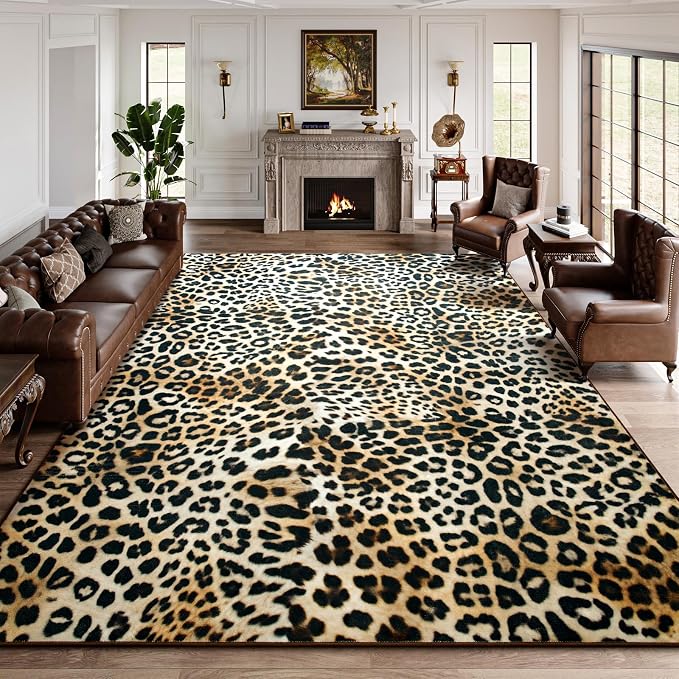 DweIke Leopard Print Rug for Living Room, Machine Washable 5x7 Cheetah Area Rugs for Bedroom, Non-Slip Low Pile Animal Hide Carpet with Rubber Backing for Dining Room Kitchen Home Decor,White Brown