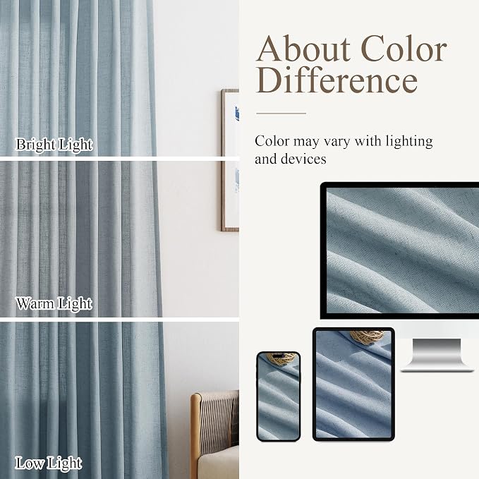 Aersas Light Blue Back Tab Curtains Linen 120 Inches 2 Panels for Living Room Bedroom Privacy Windows Treatment Light Filtering Sliding Glass Door Drapes House Neutral Casual Decorations 52x120
