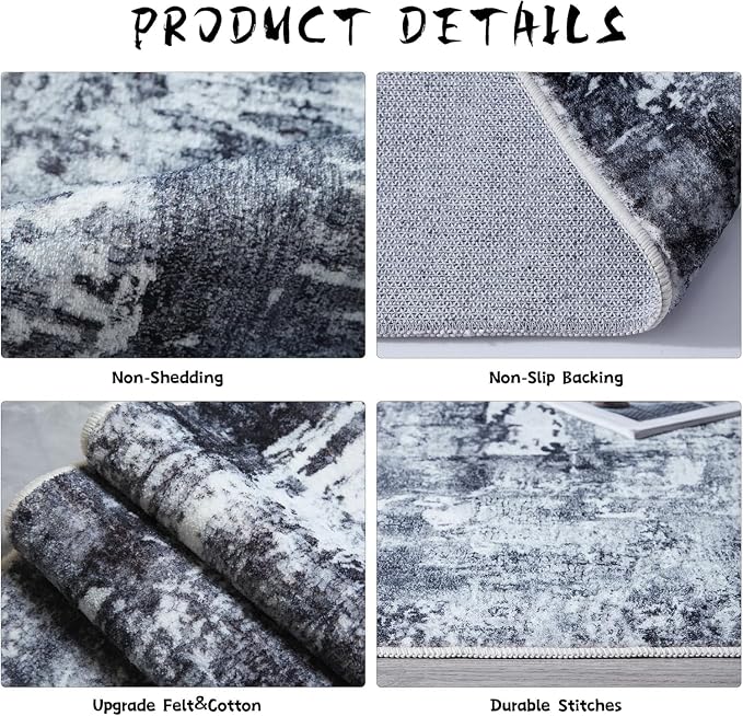 Rugcomf 9x12 Washable Boho Rug - Soft, Non-Slip, Non-Shedding Faux Wool Vintage Rug for Living Room, Dining Room, Kids Playroom, Indoor - Grey and Black
