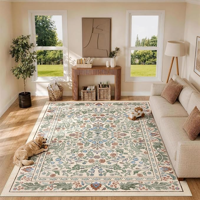 Floral 8x10 Area Rugs for Living Room, Machine Washable Vintage Rug Boho Low Pile Carpets Non Slip Soft Carpet for Farmhouse Bedroom Office Rugs, Kids Room, Nursery Room, Playroom, Beige