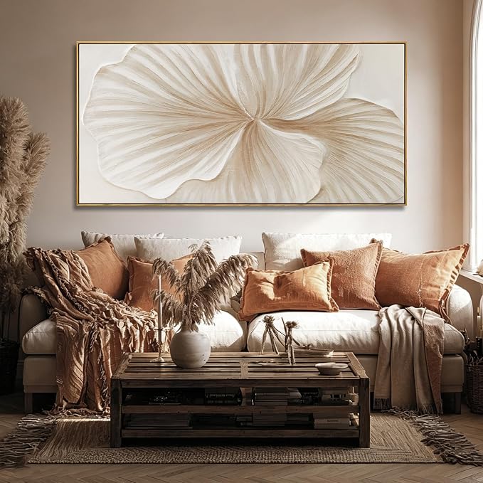 Framed White Floral Wall Art Hand Painted Textured Canvas Wall Art Modern Minimalist Abstract Flower Artwork for Living Room Bedroom Office 24x48 Inch