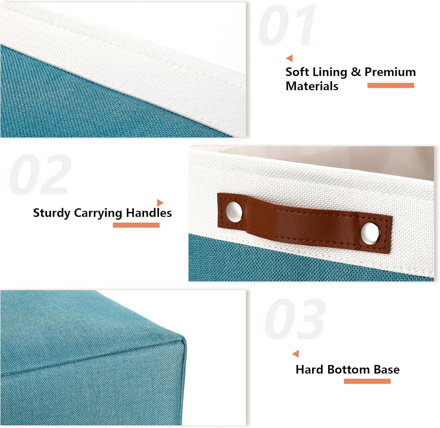 DULLEMELO Large Storage Basket, Collapsible Storage Bins Decorative Storage Baskets for Home Shelves Bedroom, Linen Fabric Basket with Leather Handles for Toys Books Organizing(White&Teal