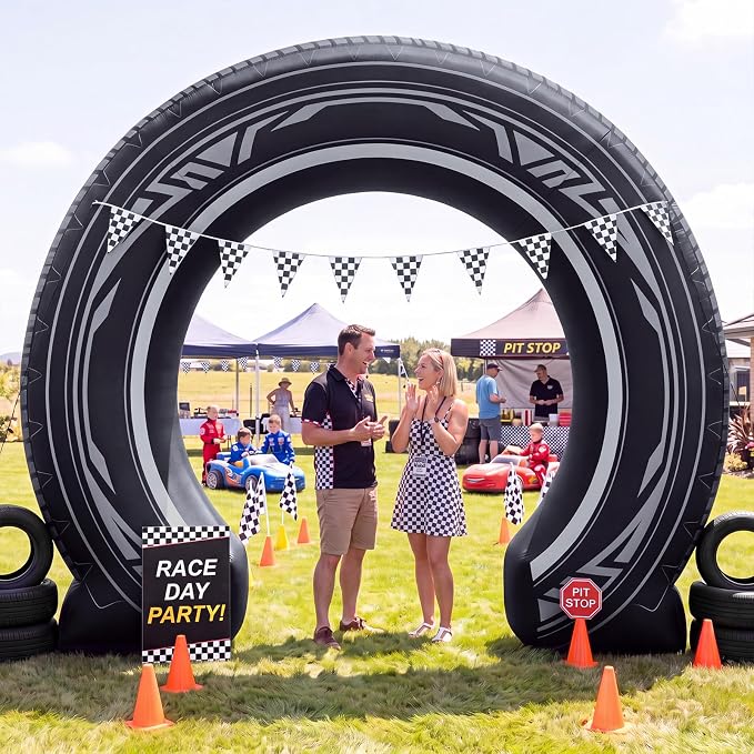 Seenelling 9 ft Racing Car Theme Giant Inflatable Archway Decoration Black Tire Design Arch Built-in LED Lights for Car Shows Party Events Photography Indoor Outdoor Supplies