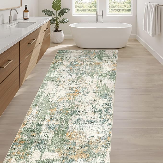 Runner Rug Kitchen Washable Rugs: 2x5 Non-Slip Abstract Soft Modern Stain Resistant Indoor Floor Neutral Accent Throw Carpet for Hallway Bathroom Laundry Room Entryway Bedroom- Green