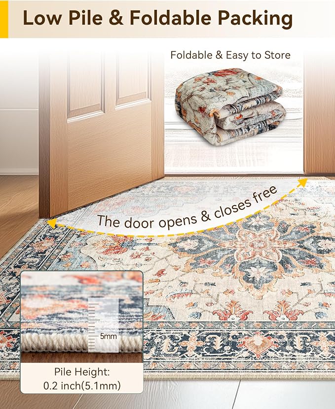 RELEANY Area Rugs Runner 2'x5' Washable Non-Slip, Floral Vintage Distress Medallion Carpet for Kitchen Hallway Bedroom Beside Laundry Room Bathroom, Beige Navy Blue Orange Colorful