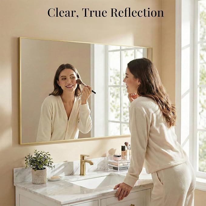 55"x30" Satin Gold Wide Bathroom Wall Mirror for Double Vanity | Wide Double Vanity Mirror, Slim Metal Frame, Long Console or Buffet Use, Vertical/Horizontal Mount, Tempered Glass